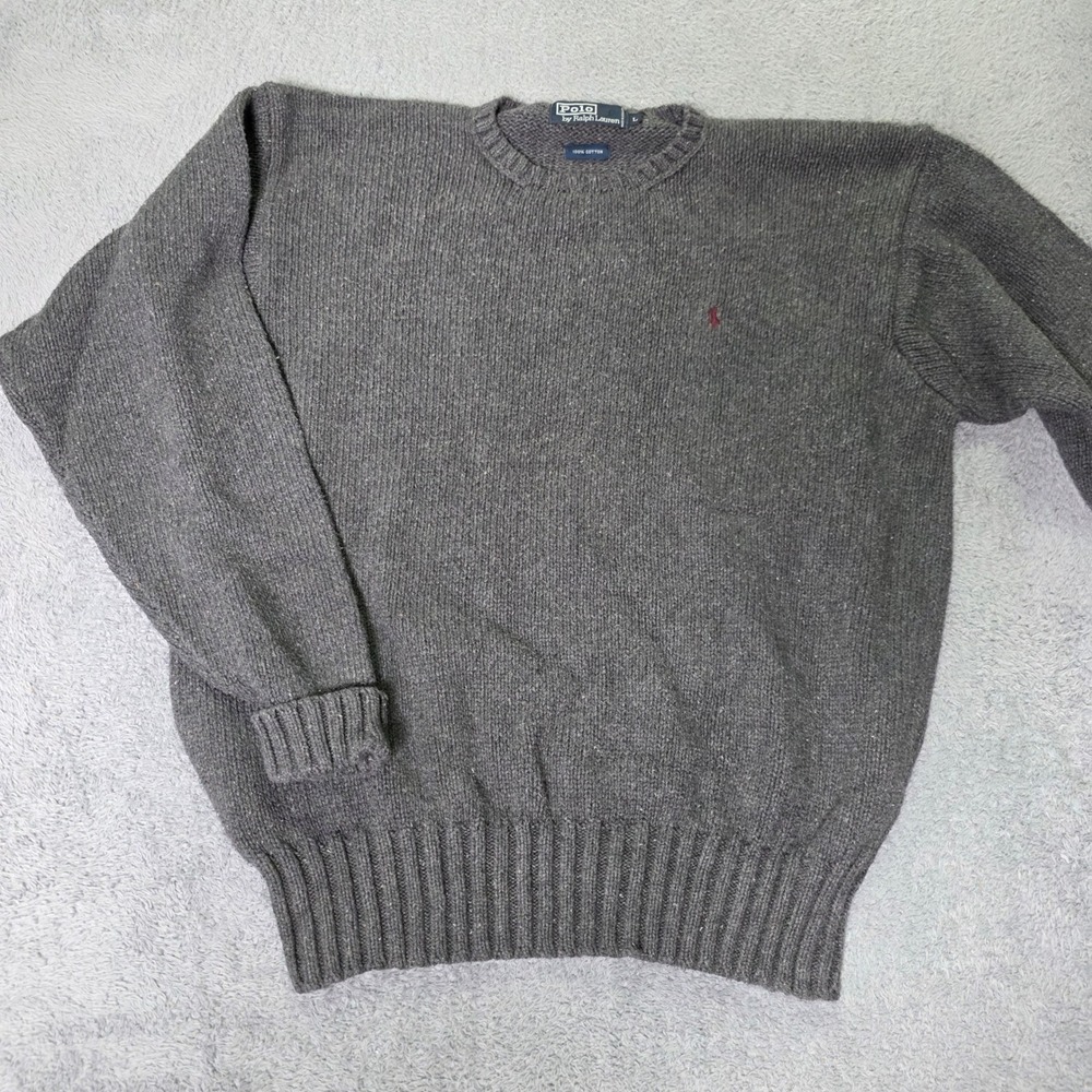 Polo Ralph Lauren Mens L Sweater Gray Cotton Crewneck Ribbed Marl Knit Pony Logo